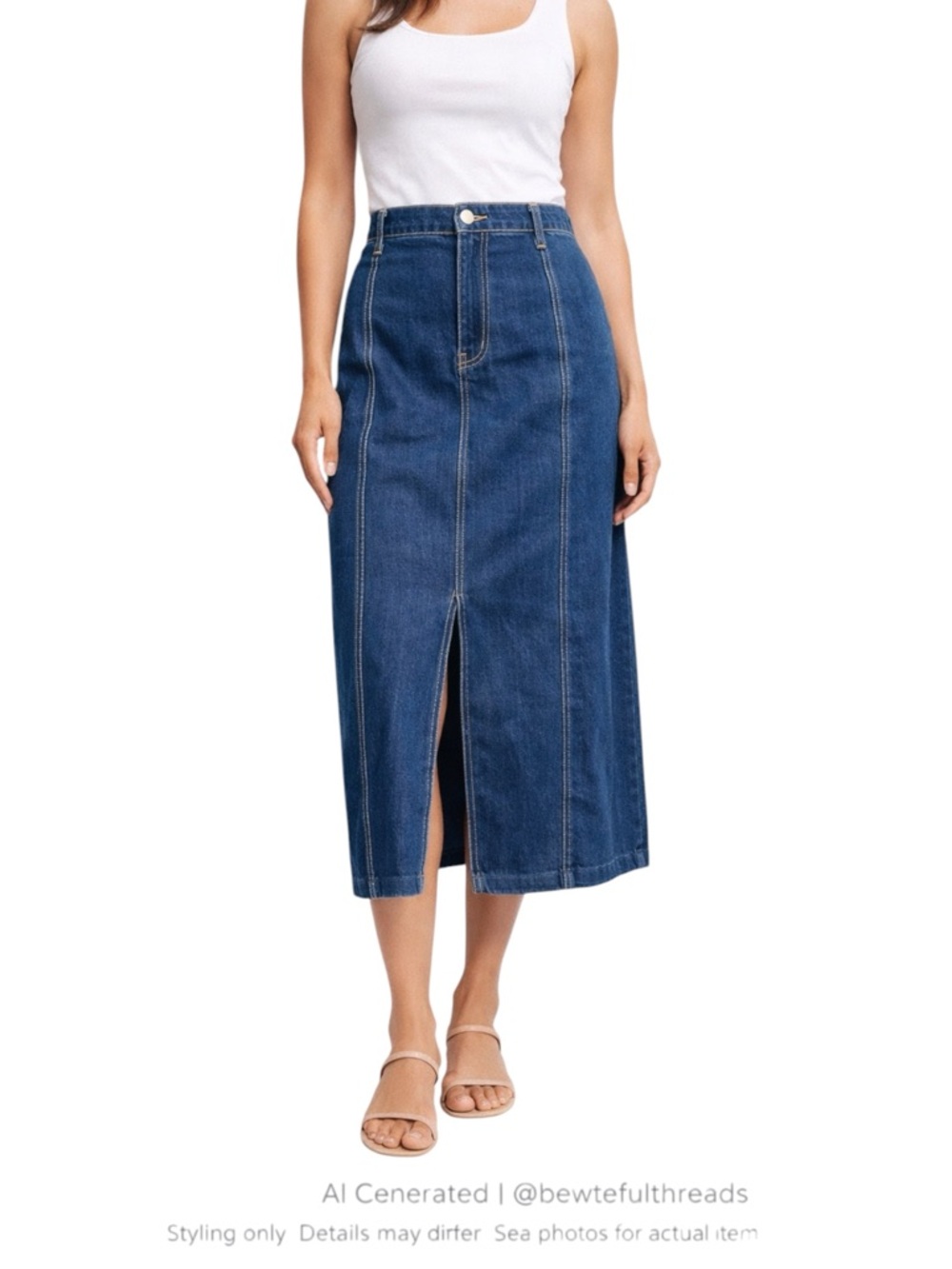 Velvet Heart Denim Midi Skirt High Rise A-Line Front Slit Blue M